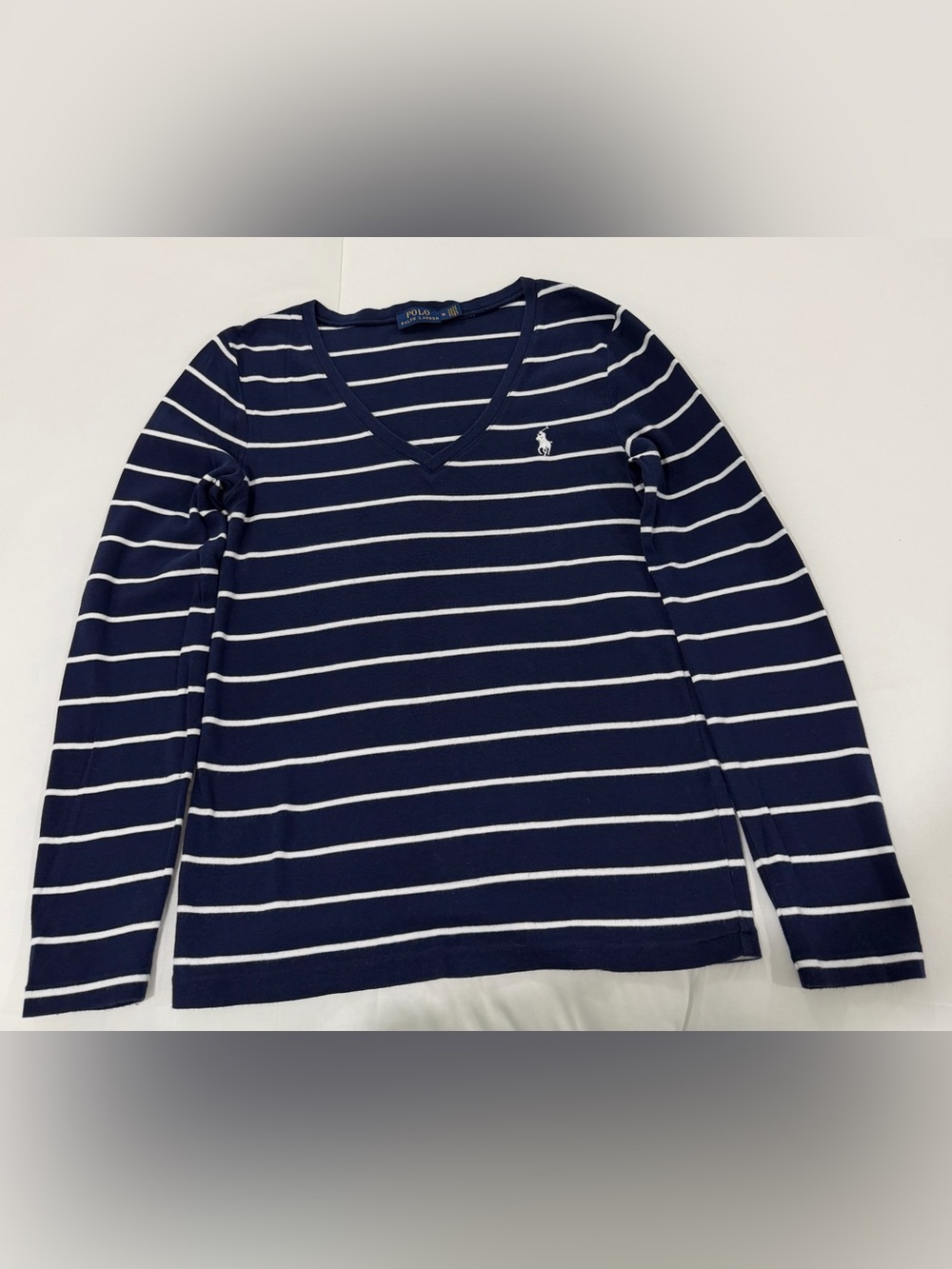 Polo by Ralph Lauren Navy & White Long Sleeve Striped V-Neck T-Shirt